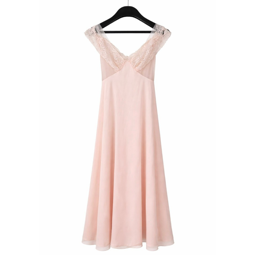 Vintage Blush Pink Lace Chiffon Nightgown Maxi Dress Romantic Slip Coquette